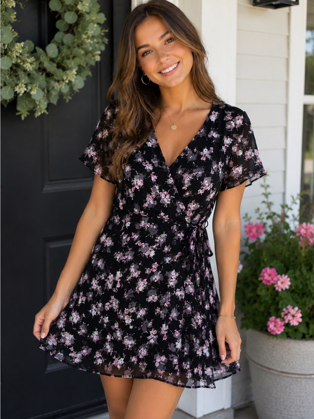 All In Favor Black Floral Faux Wrap Dress Medium Lined Cottagecore Romantic Mini
